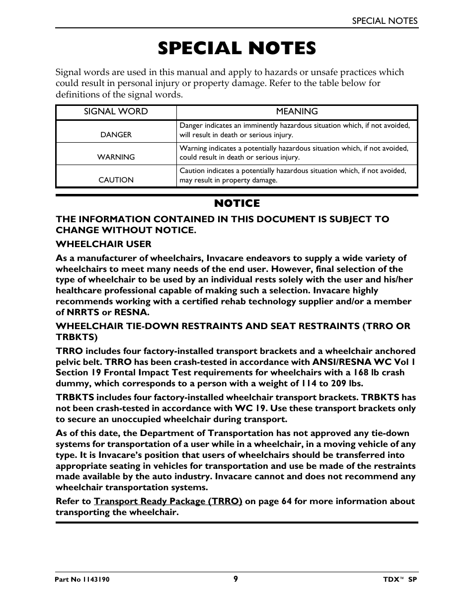 Special notes | Invacare TDX SP User Manual | Page 9 / 72