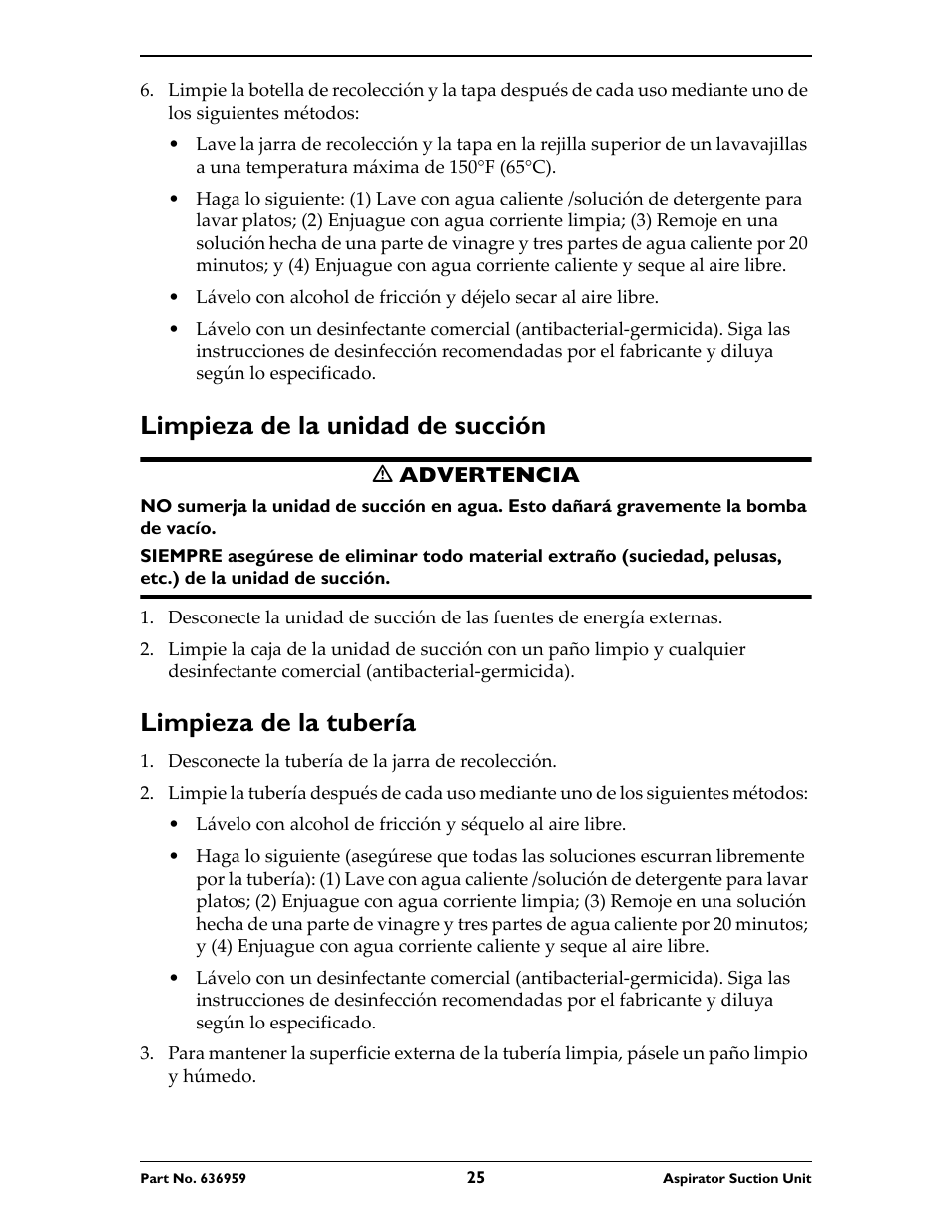 Limpieza de la unidad de succión, M advertencia, Limpieza de la tubería | Desconecte la tubería de la jarra de recolección | Invacare 636959 User Manual | Page 25 / 32