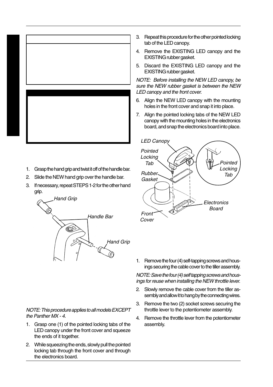 Replacing hand grips (figure 1), Replacing led canopy (figure 2), Replacing throttle lever (figure 3) | Invacare LYNX PANTHER LX-4 User Manual | Page 12 / 60