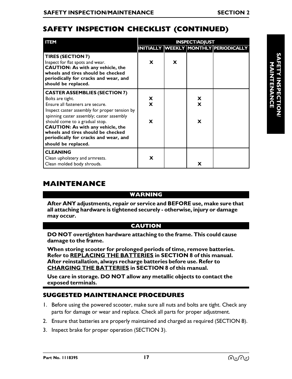 Maintenance, Safety inspection checklist (continued), Suggested maintenance procedures | Invacare BUZZ HMV User Manual | Page 17 / 52