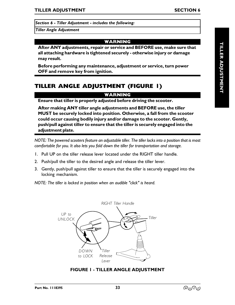 Tiller angle adjustment (figure 1) | Invacare BUZZ HMV User Manual | Page 33 / 52