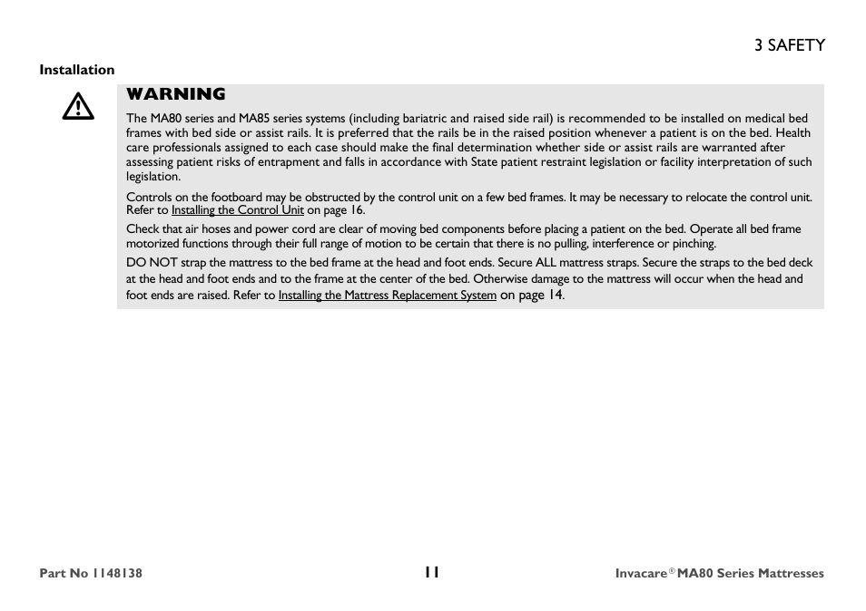 Installation, Warning | Invacare MA85 User Manual | Page 11 / 36