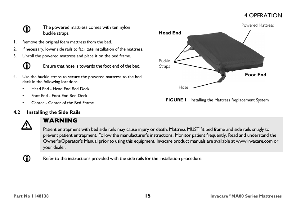 Remove the original foam mattress from the bed, Head end - head end bed deck, Foot end - foot end bed deck | Center - center of the bed frame, Hose, 2 installing the side rails, Warning | Invacare MA85 User Manual | Page 15 / 36