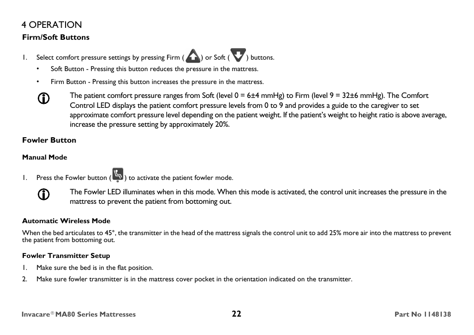 Firm/soft buttons, Fowler button, Manual mode | Automatic wireless mode, Fowler transmitter setup, Make sure the bed is in the flat position, 4 operation | Invacare MA85 User Manual | Page 22 / 36