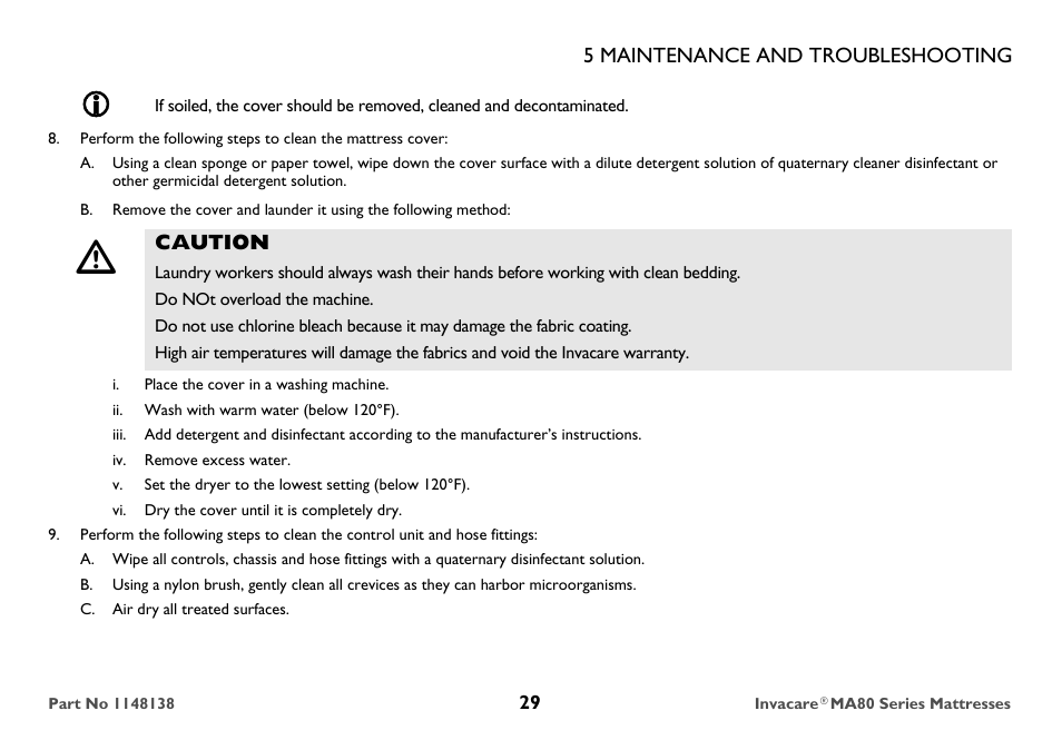Caution, Do not overload the machine, C. air dry all treated surfaces | Invacare MA85 User Manual | Page 29 / 36