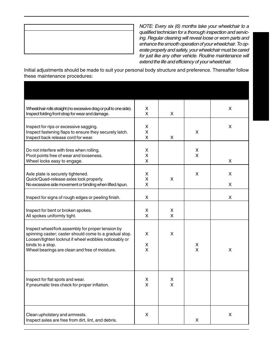 Safety inspection checklist | Invacare Spyder 1098318 User Manual | Page 13 / 32