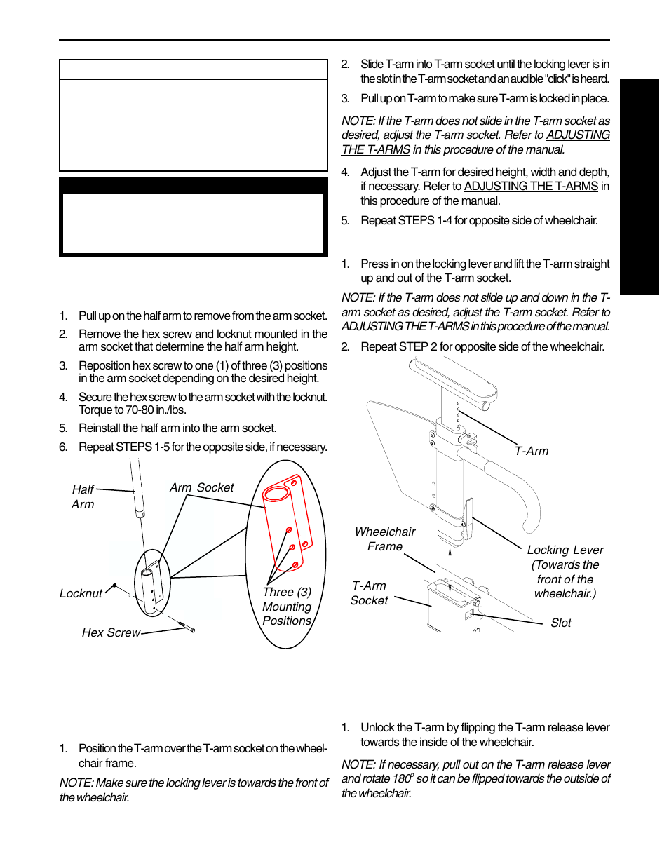 Adjusting half arm height (figure 1), Installing/removing t-arms (figure 2), Adjusting the t-arms | Invacare Spyder 1098318 User Manual | Page 23 / 32