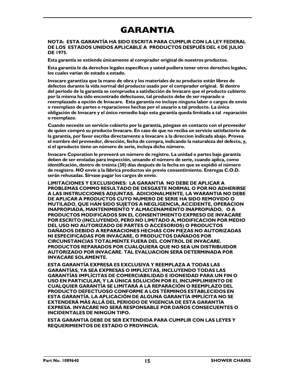 Garantia | Invacare 75 User Manual | Page 15 / 16