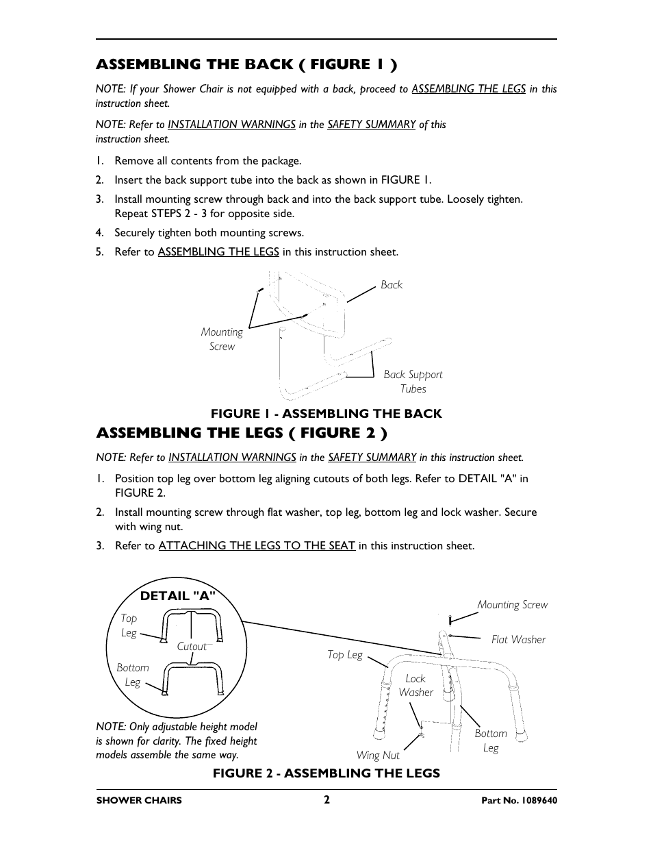 Assembling the back ( figure 1 ), Assembling the legs ( figure 2 ) | Invacare 75 User Manual | Page 2 / 16