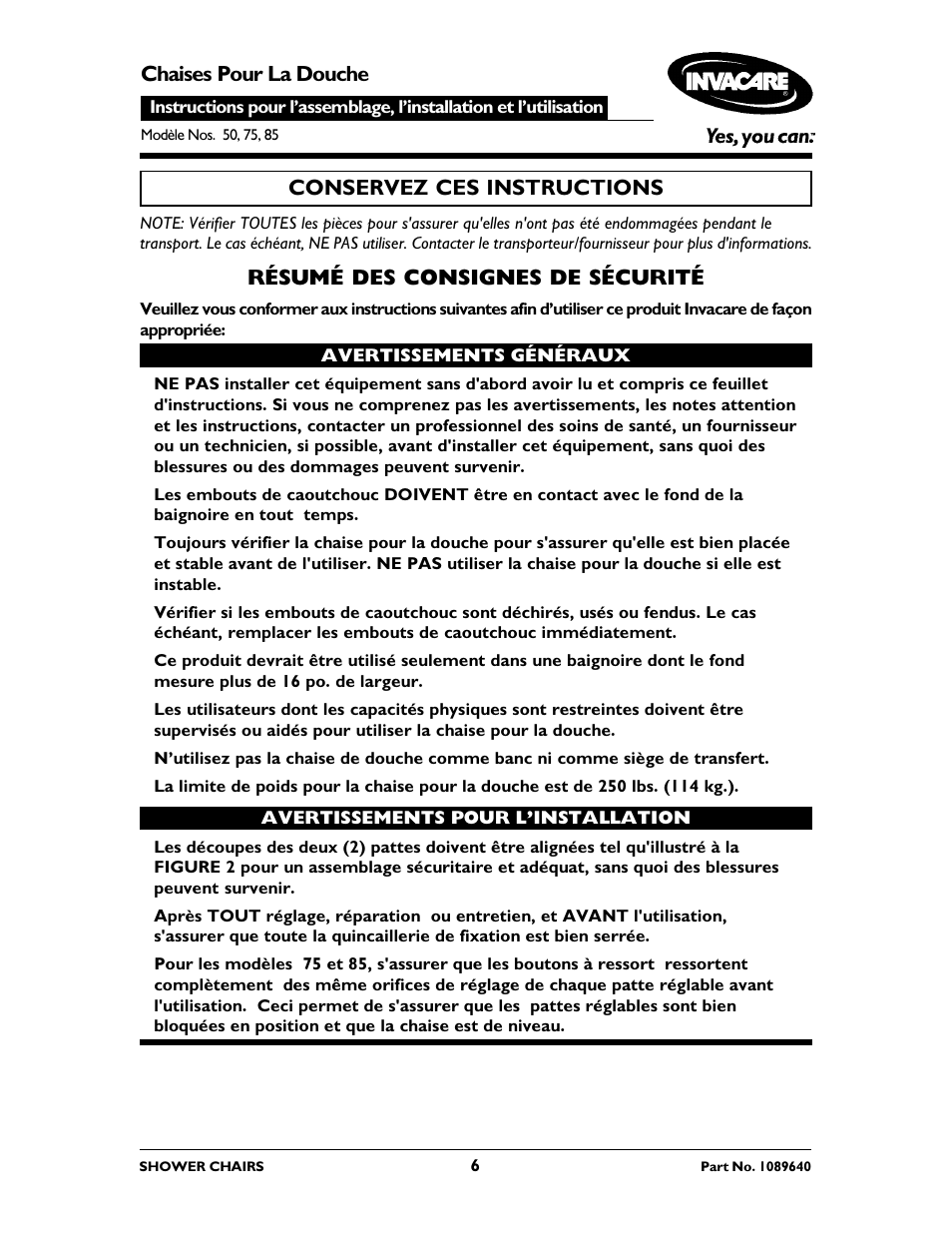 Chaises pour la douche, Conservez ces instructions, Résumé des consignes de sécurité | Invacare 75 User Manual | Page 6 / 16