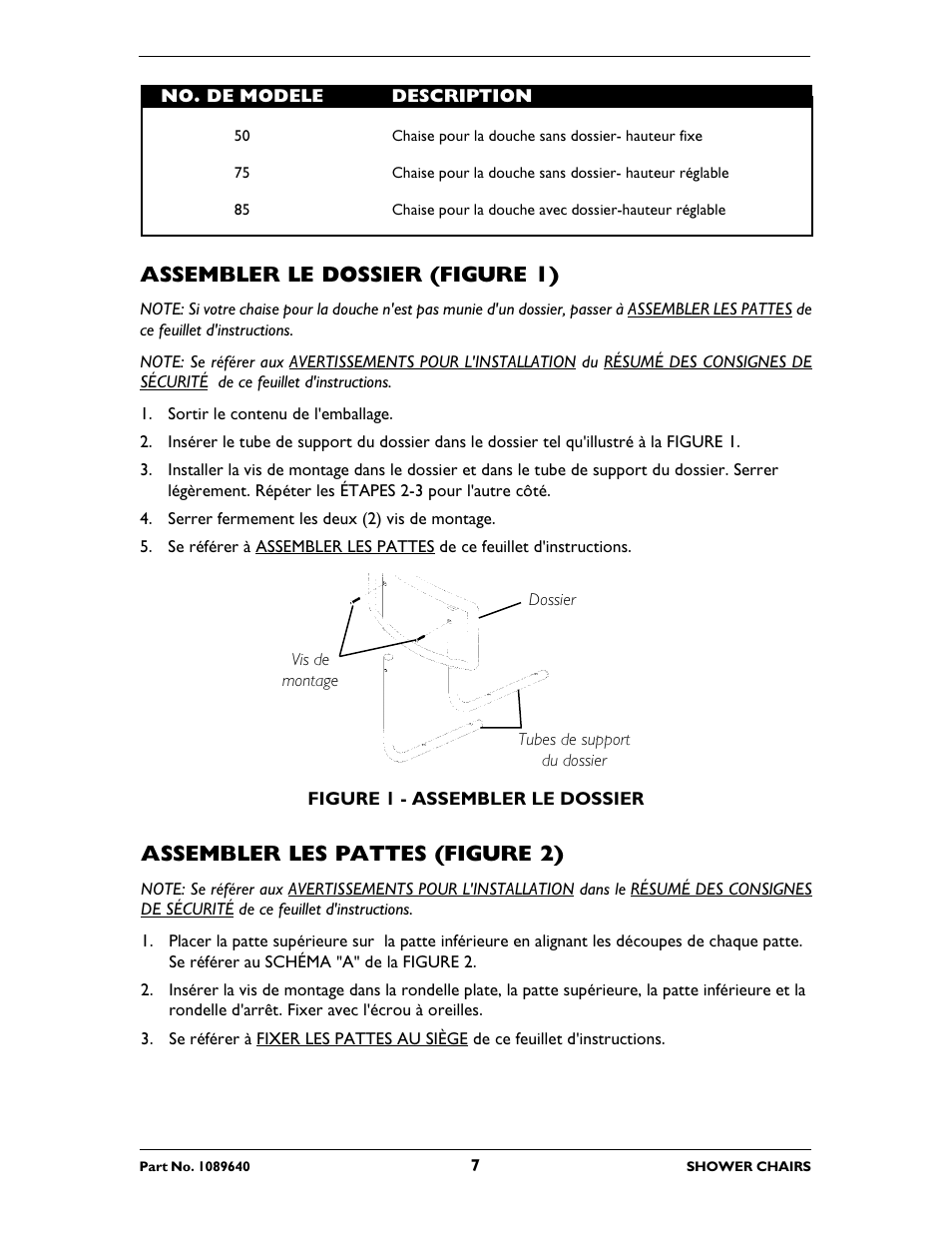 Assembler le dossier (figure 1), Assembler les pattes (figure 2) | Invacare 75 User Manual | Page 7 / 16