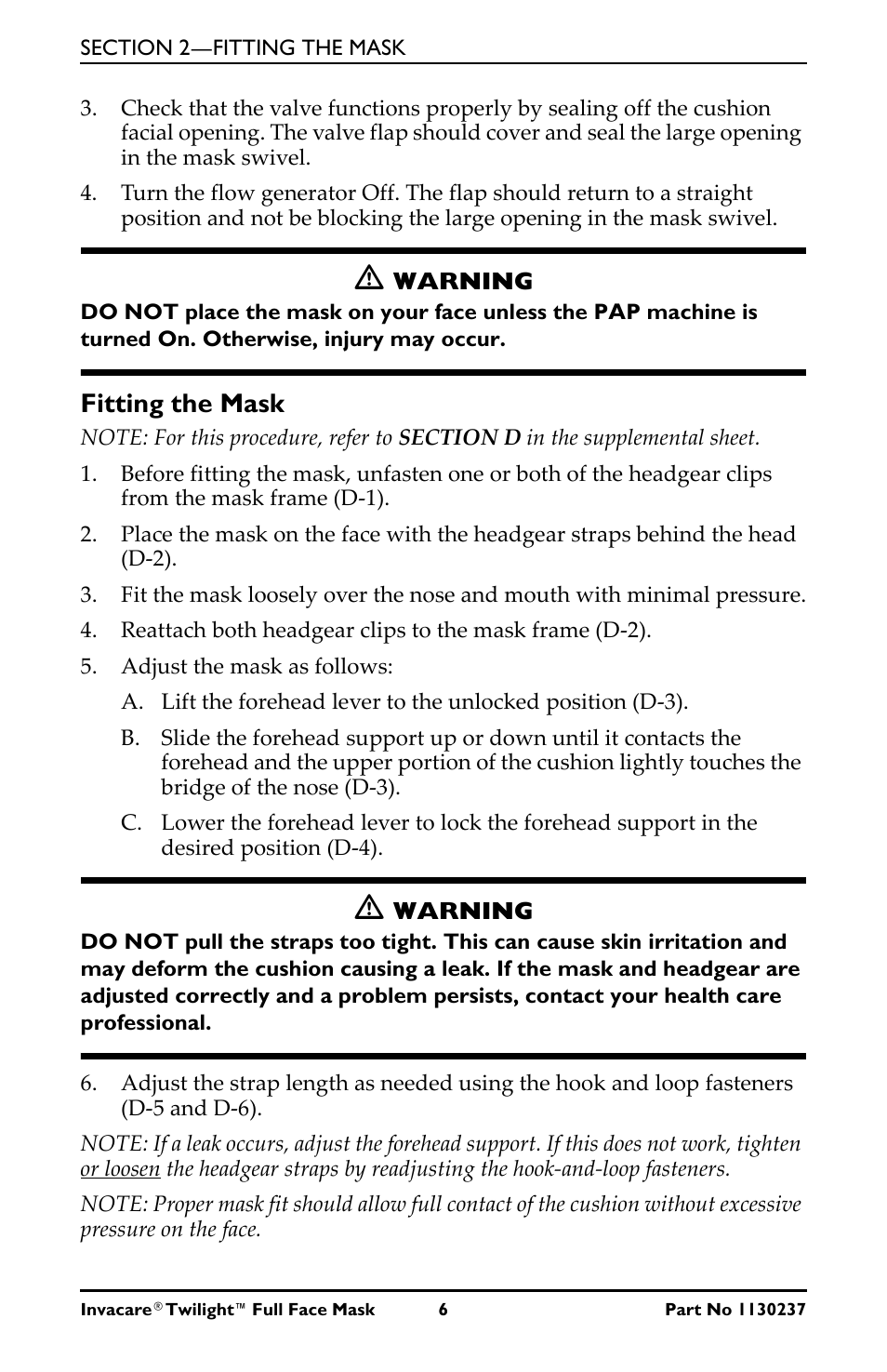 M warning, Fitting the mask, Adjust the mask as follows | Invacare 1150693 User Manual | Page 6 / 12