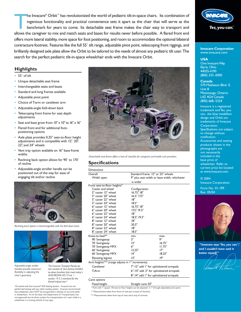 Specifications, Highlights, He invacare | Orbit | Invacare 01-199 User Manual | Page 2 / 2