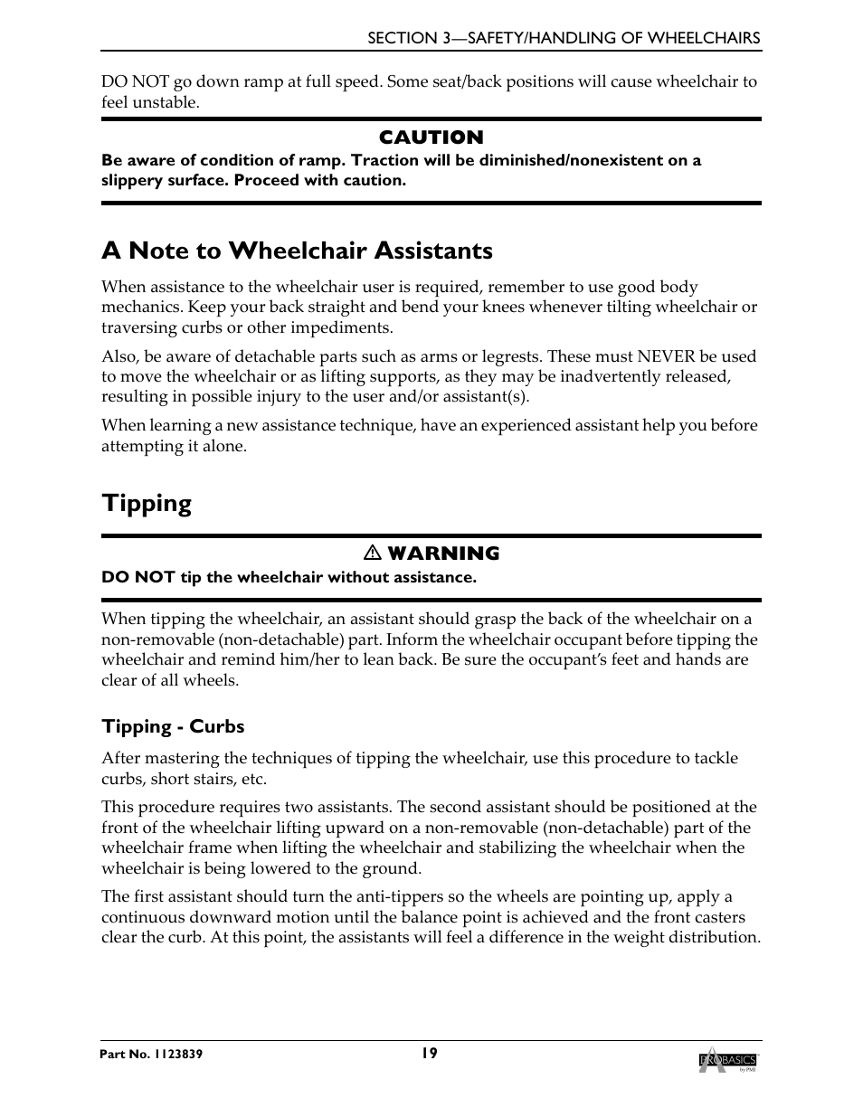 A note to wheelchair assistants tipping, Tipping - curbs, Tipping | Invacare Wheelchair XP6500 User Manual | Page 19 / 64