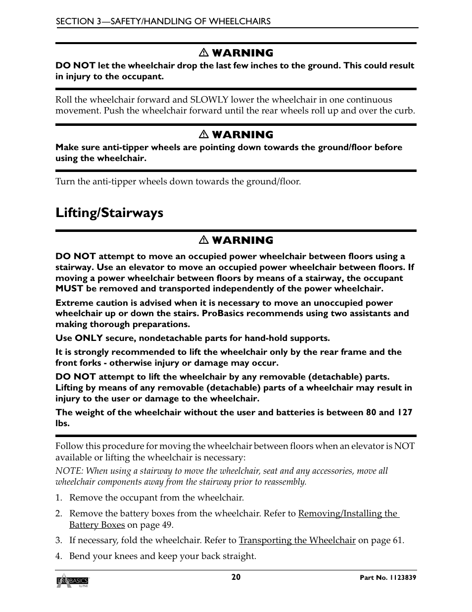 Lifting/stairways | Invacare Wheelchair XP6500 User Manual | Page 20 / 64