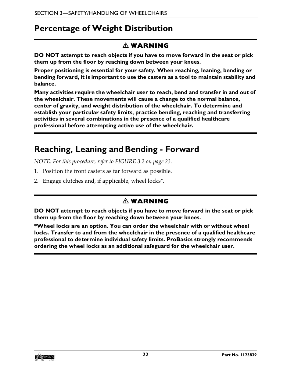 Percentage of weight distribution, Reaching, leaning and, Bending - forward | Invacare Wheelchair XP6500 User Manual | Page 22 / 64