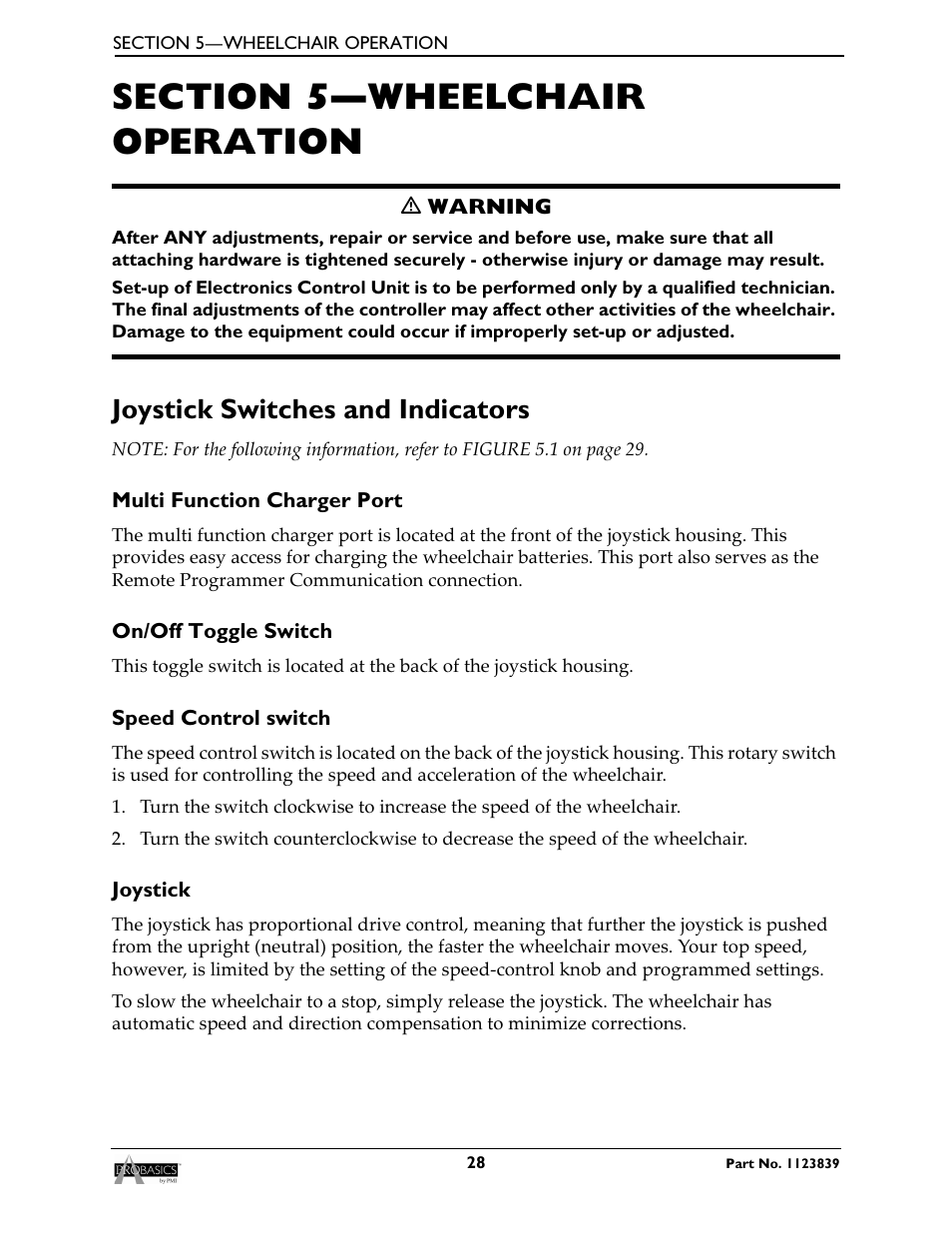 Section 5—wheelchair operation, Joystick switches and indicators, Multi function charger port | On/off toggle switch, Speed control switch, Joystick | Invacare Wheelchair XP6500 User Manual | Page 28 / 64
