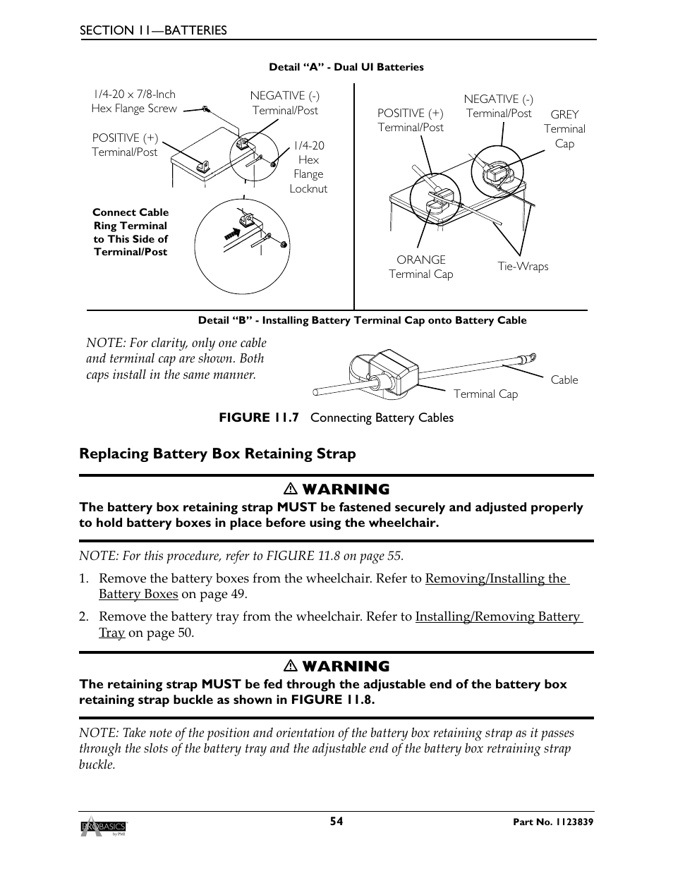 Replacing battery box retaining strap, Of figure 11.7, Replacing battery box retaining strap ƽ warning | Ƽ warning | Invacare Wheelchair XP6500 User Manual | Page 54 / 64