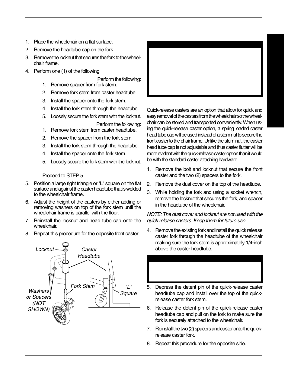 Installing quick-release casters (figure 11), Adjusting caster height (figure 10) | Invacare F-6S User Manual | Page 35 / 52