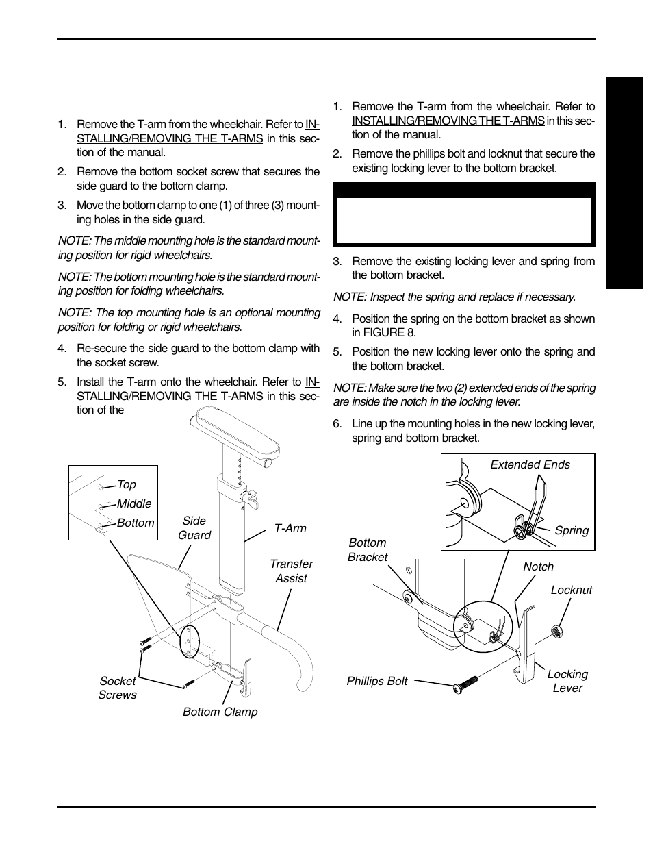 Replacing the t-arm locking lever (figure 8), A r m s | Invacare F-6S User Manual | Page 47 / 52