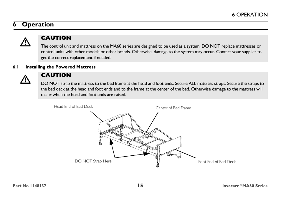 Operation, Installing the powered mattress | Invacare MicroAir MA60 User Manual | Page 15 / 36