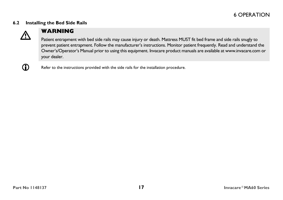 Installing the bed side rails | Invacare MicroAir MA60 User Manual | Page 17 / 36