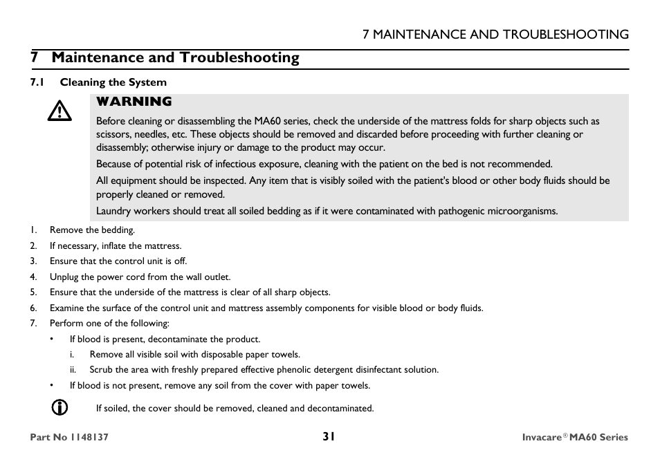 Maintenance and troubleshooting, Cleaning the system, 7 maintenance and troubleshooting | Invacare MicroAir MA60 User Manual | Page 31 / 36