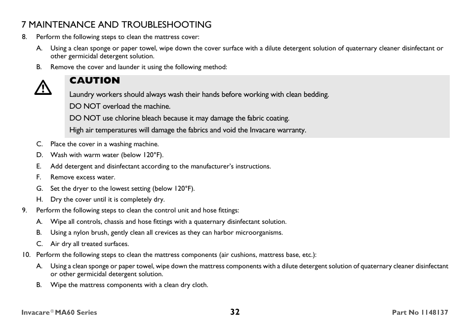 7 maintenance and troubleshooting, Caution | Invacare MicroAir MA60 User Manual | Page 32 / 36