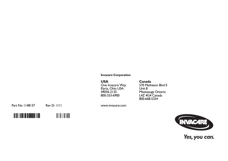 Part no 1148137 | Invacare MicroAir MA60 User Manual | Page 36 / 36