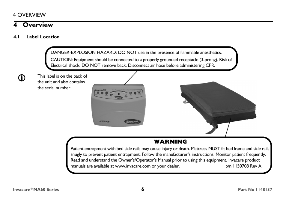 Overview, Label location, 4 overview | Invacare MicroAir MA60 User Manual | Page 6 / 36