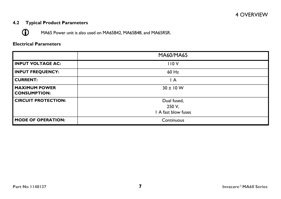 Typical product parameters | Invacare MicroAir MA60 User Manual | Page 7 / 36