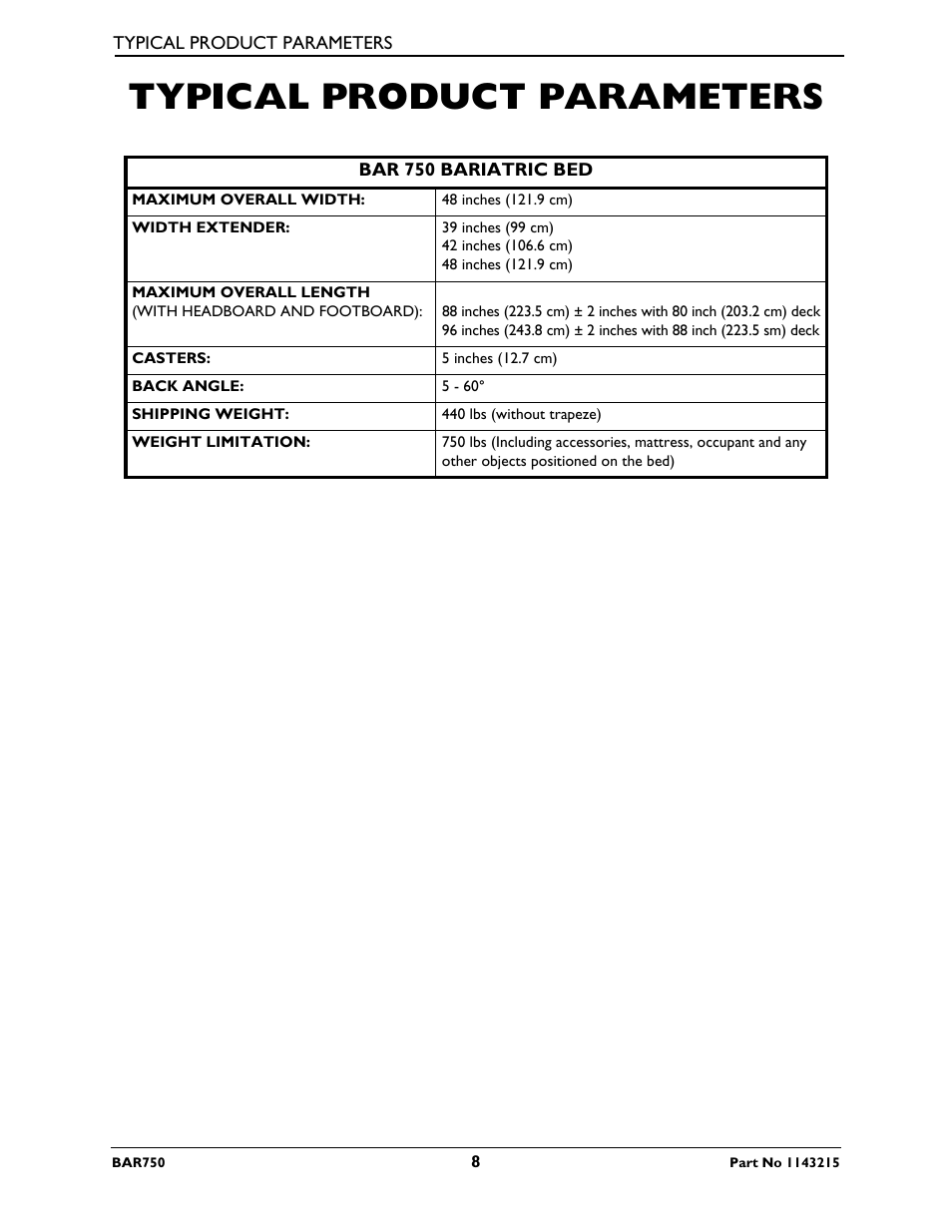 Typical product parameters | Invacare BAR750 User Manual | Page 8 / 32