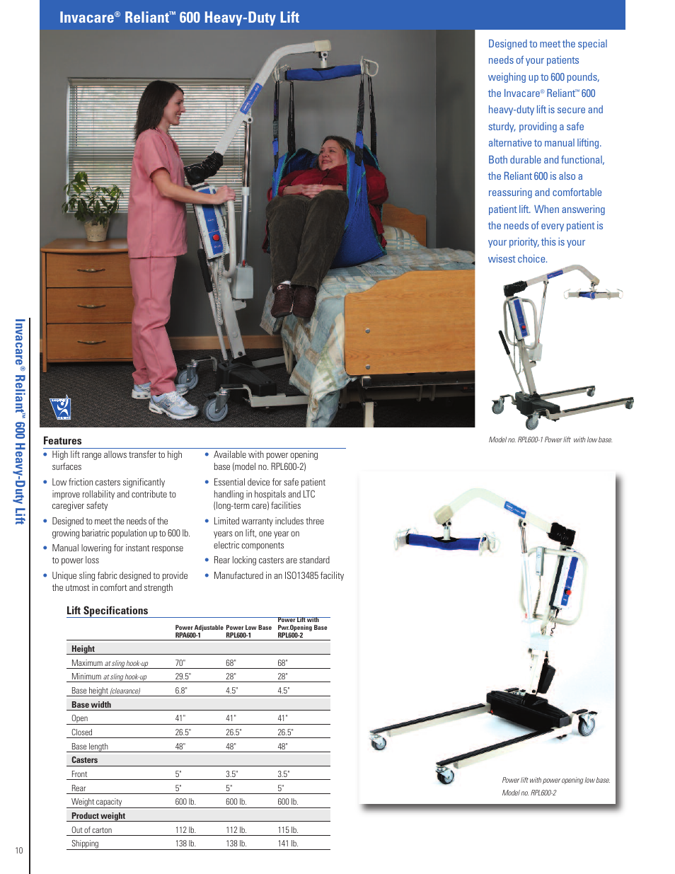 Invacare, Reliant, 600 heavy-duty lift | Re lia n t, 60 0 h e a vy -d u ty li ft | Invacare Fitness Equipment User Manual | Page 10 / 16