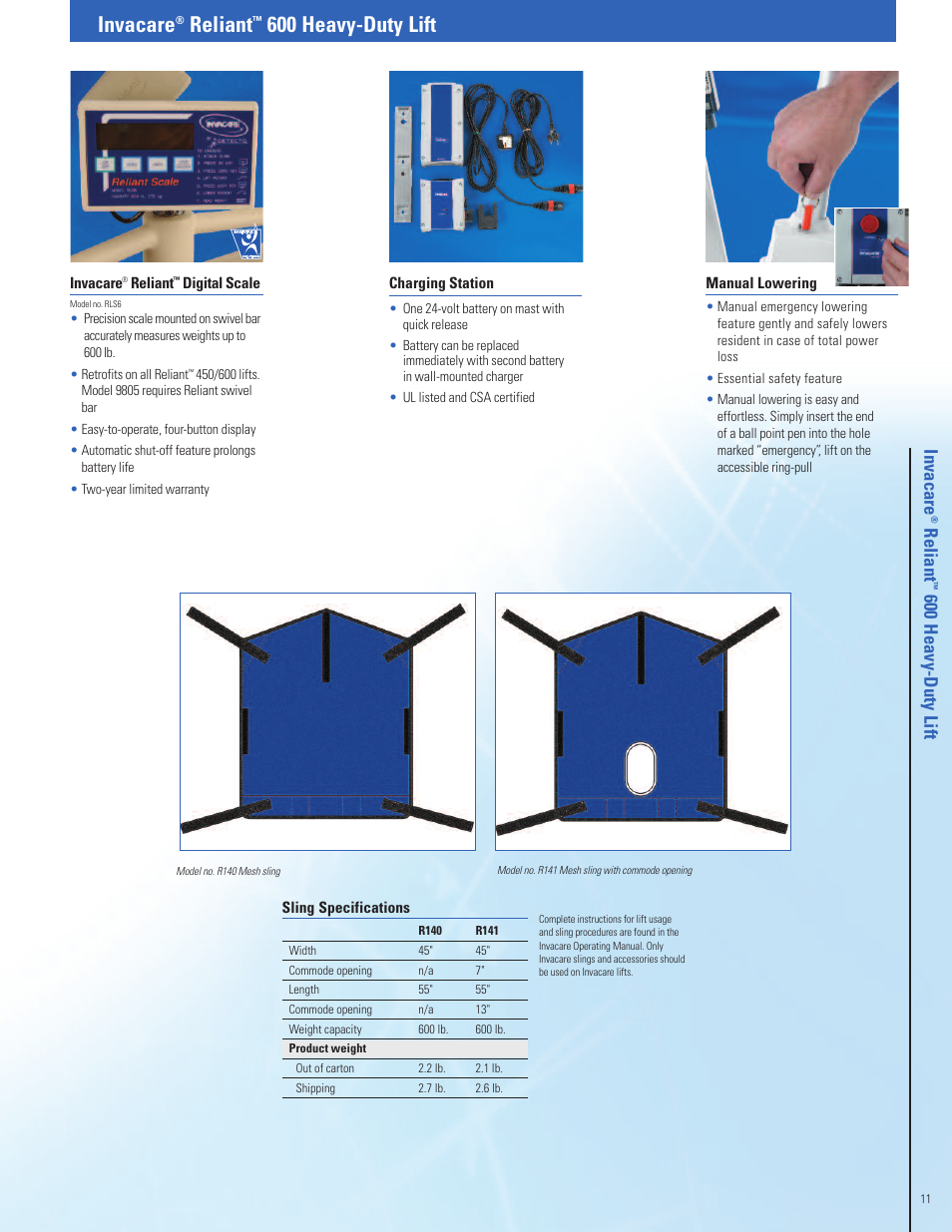 Invacare, Reliant, 600 heavy-duty lift | Re lia n t, 60 0 h e a vy -d u ty li ft | Invacare Fitness Equipment User Manual | Page 11 / 16