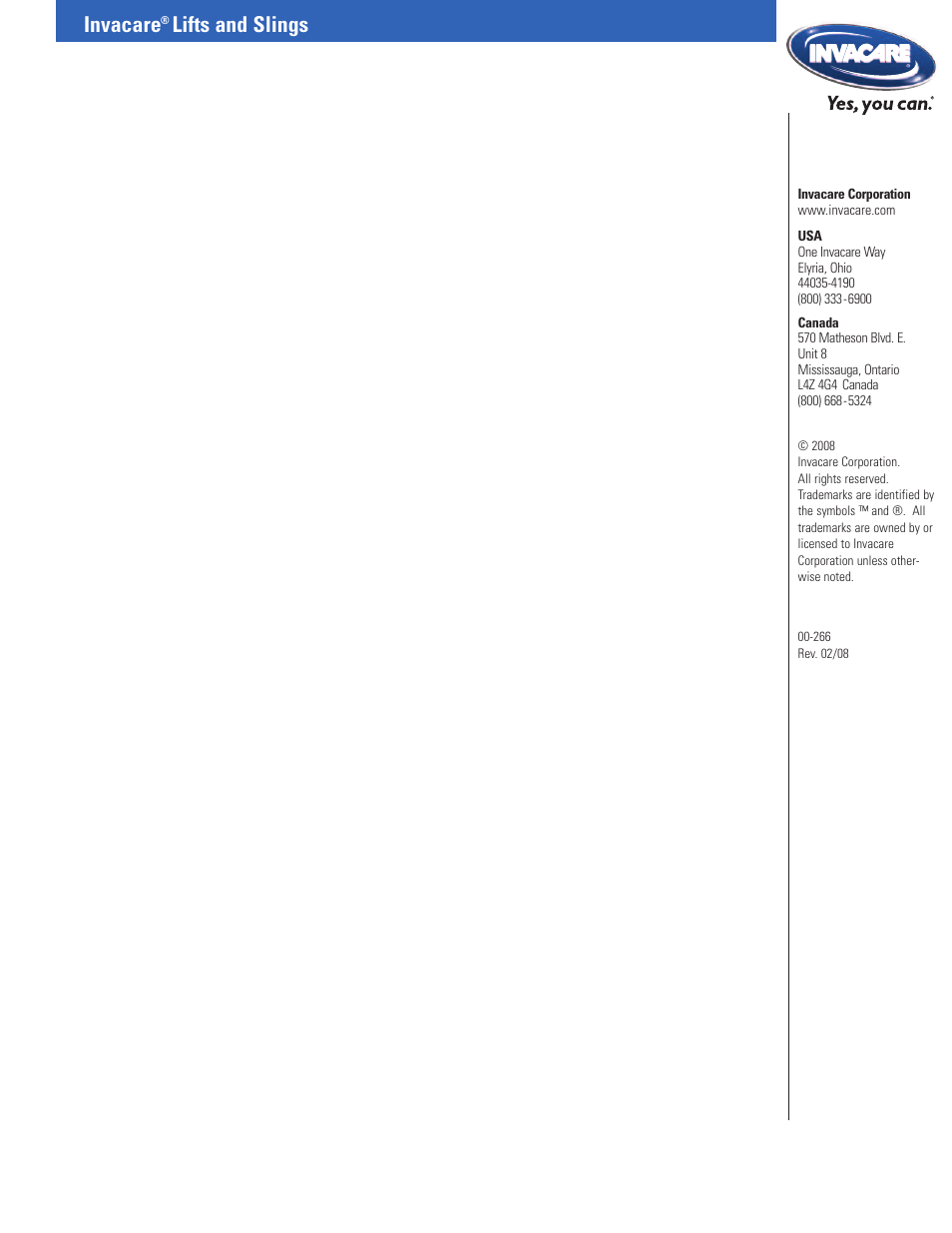 266 rev0308 1, Invacare, Lifts and slings | Invacare Fitness Equipment User Manual | Page 16 / 16