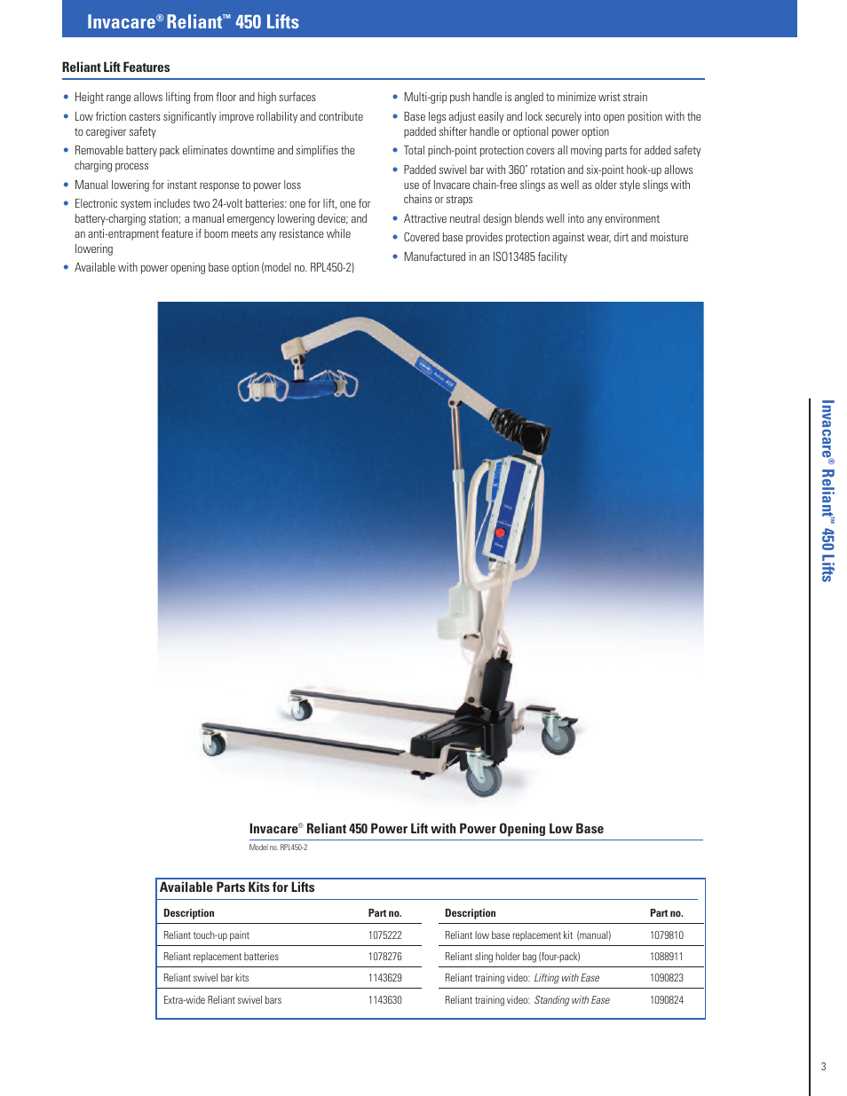 Invacare, Reliant, 450 lifts | Re lia n t, 45 0 li fts | Invacare Fitness Equipment User Manual | Page 3 / 16