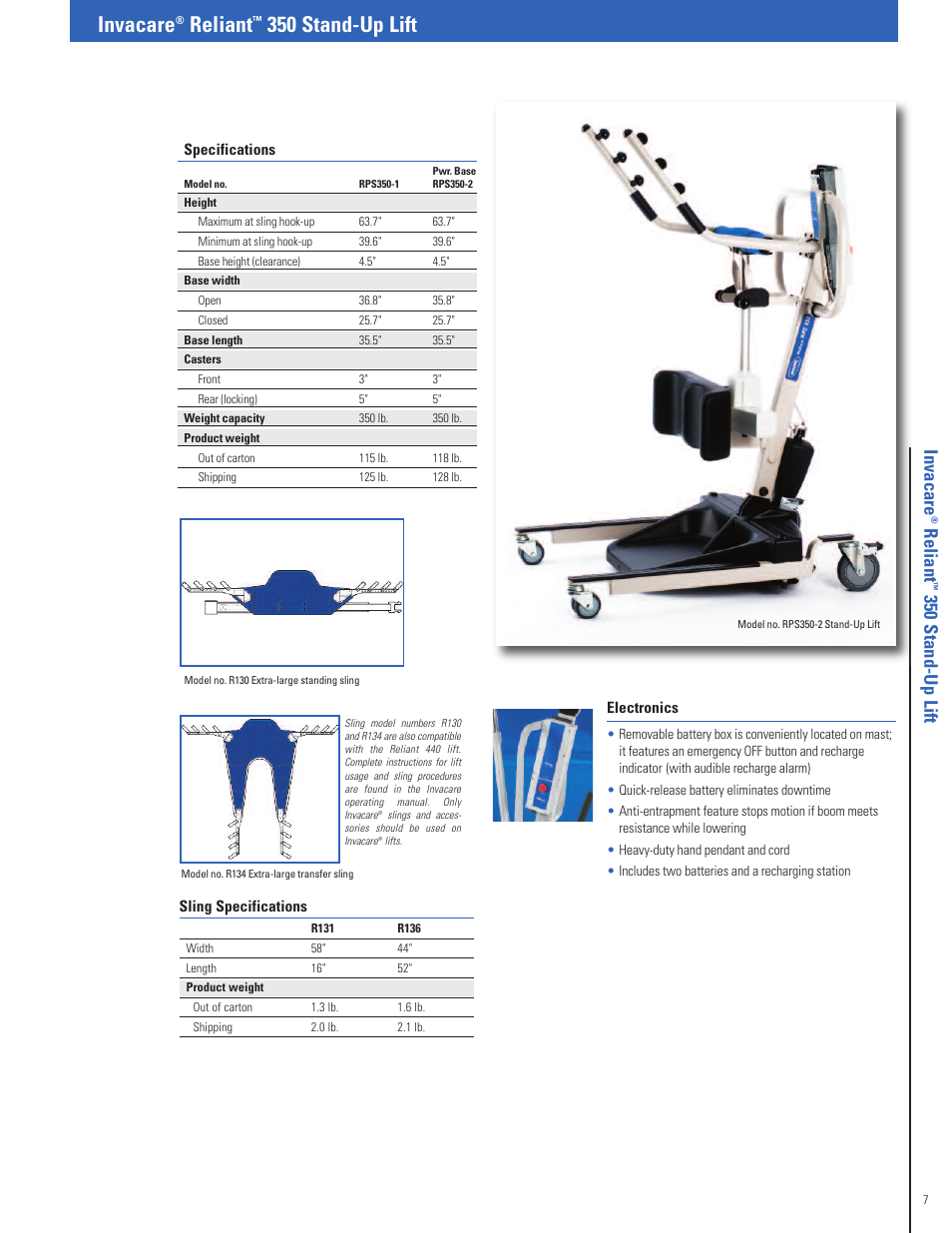 Invacare, Reliant, 350 stand-up lift | Re lia n t, 35 0 s ta n d -u p li ft | Invacare Fitness Equipment User Manual | Page 7 / 16