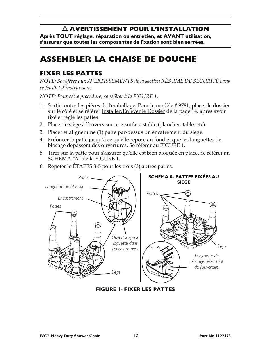 Assembler la chaise de douche, Ƽ avertissement pour l’installation, Fixer les pattes | Invacare IVC Heavy Duty Shower Chair 9780 User Manual | Page 12 / 16