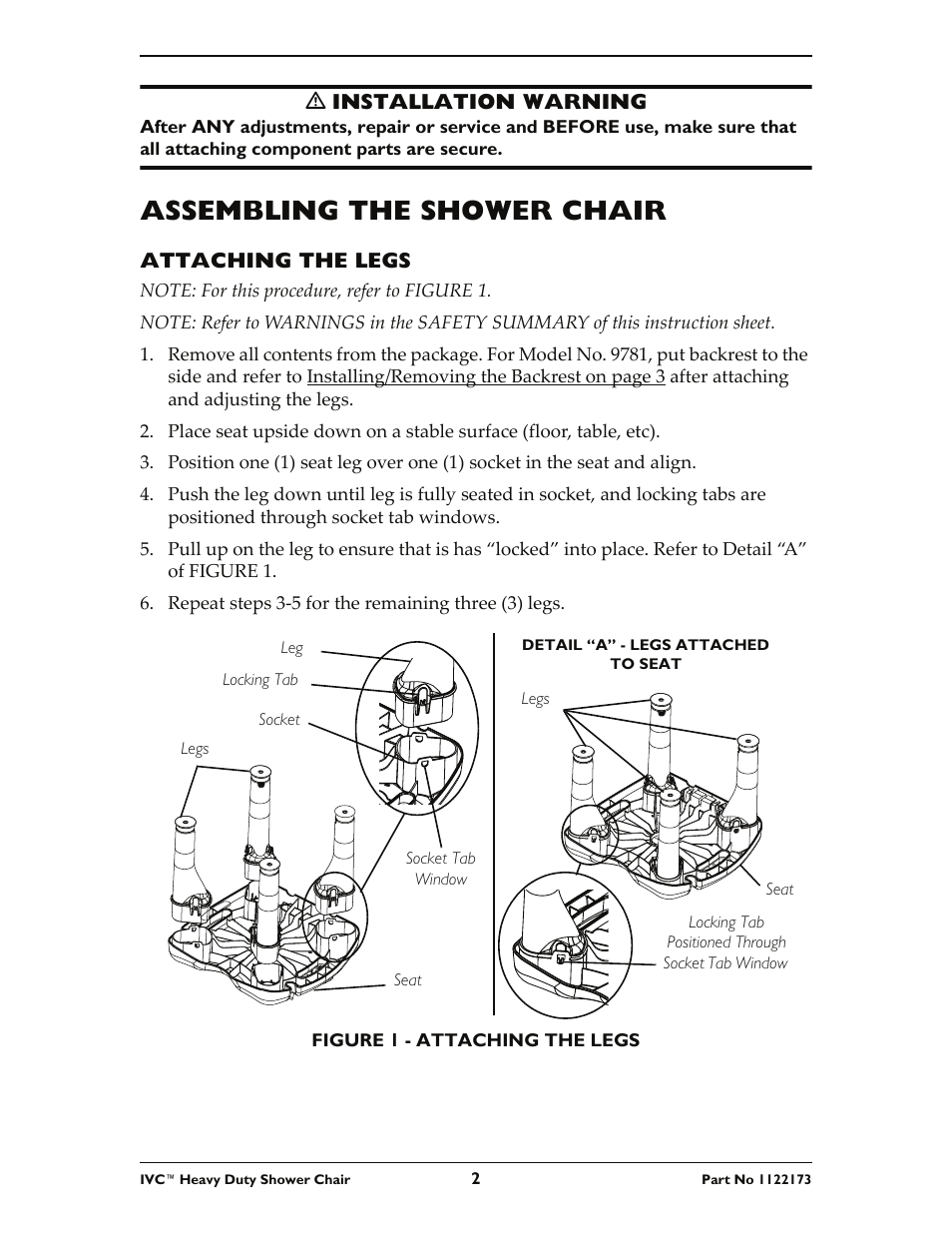 Assembling the shower chair | Invacare IVC Heavy Duty Shower Chair 9780 User Manual | Page 2 / 16