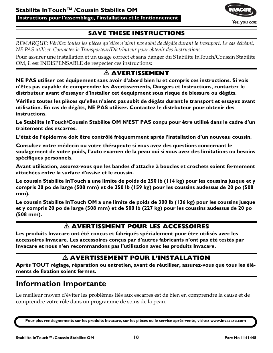 Information importante | Invacare 1141448 User Manual | Page 10 / 28
