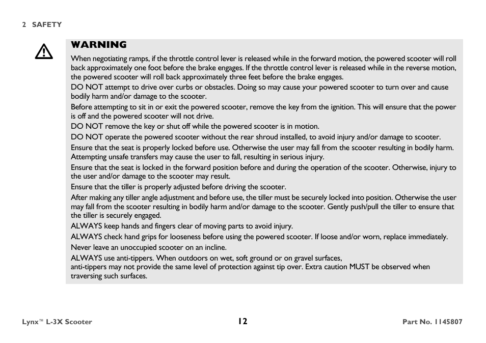 Warning, Never leave an unoccupied scooter on an incline | Invacare Lynx L-3X User Manual | Page 12 / 60