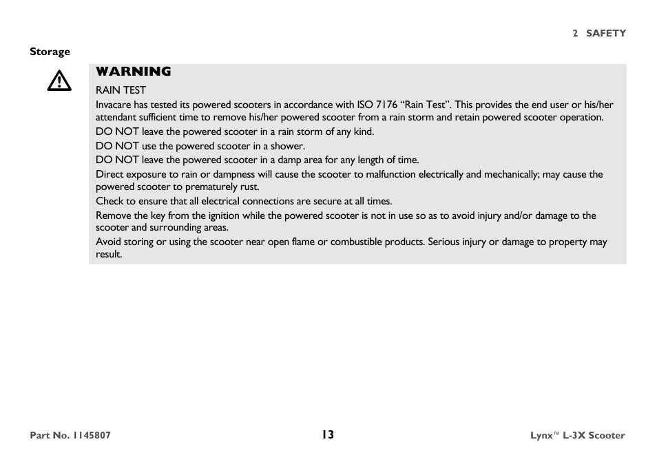 Storage, Warning, Rain test | Do not use the powered scooter in a shower | Invacare Lynx L-3X User Manual | Page 13 / 60