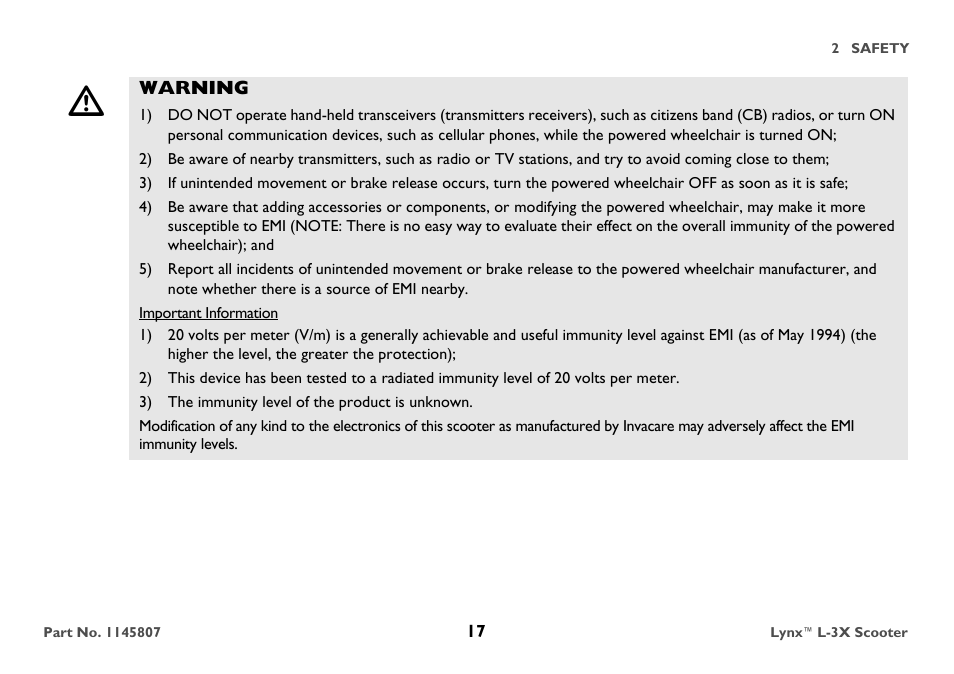 Warning, Important information, 3) the immunity level of the product is unknown | Invacare Lynx L-3X User Manual | Page 17 / 60