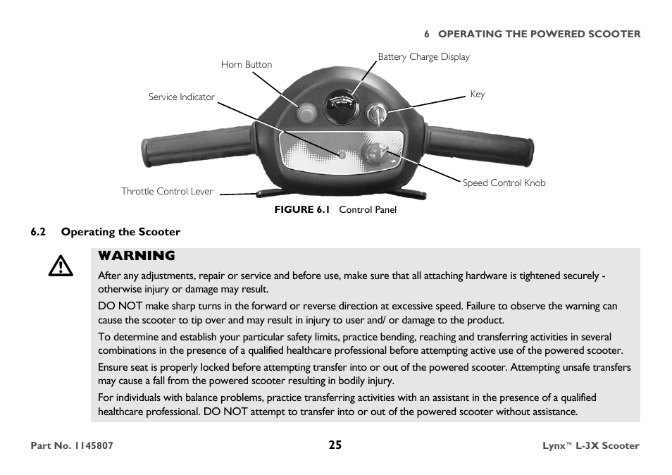 Battery charge display, Figure 6.1 control panel, 2 operating the scooter | Warning | Invacare Lynx L-3X User Manual | Page 25 / 60