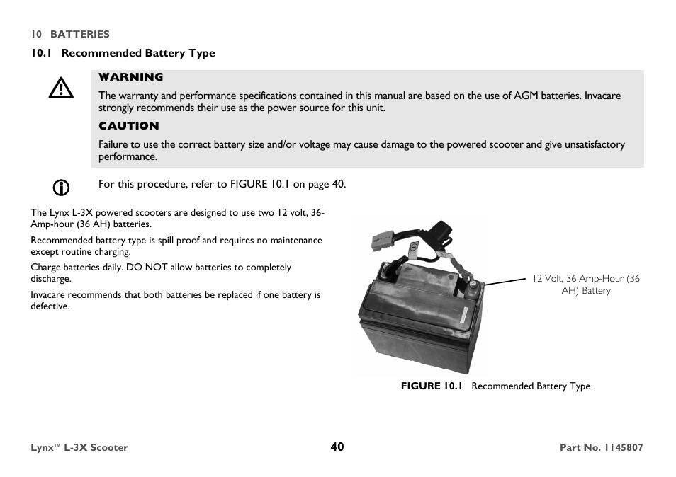 1 recommended battery type, Warning, Caution | 12 volt, 36 amp-hour (36 ah) battery, Figure 10.1 recommended battery type | Invacare Lynx L-3X User Manual | Page 40 / 60
