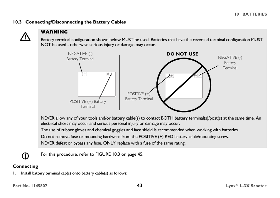 3 connecting/disconnecting the battery cables, Warning, Negative (-) battery terminal | Connecting | Invacare Lynx L-3X User Manual | Page 43 / 60
