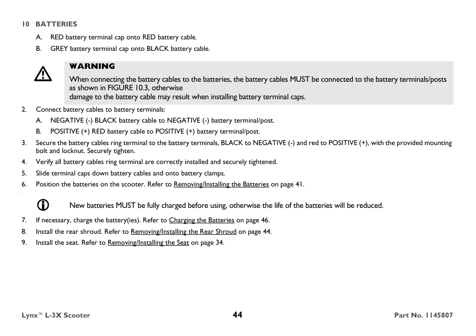 A. red battery terminal cap onto red battery cable, Warning, Connect battery cables to battery terminals | Invacare Lynx L-3X User Manual | Page 44 / 60