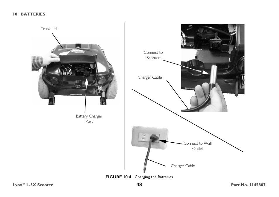 Battery charger port, Figure 10.4 charging the batteries | Invacare Lynx L-3X User Manual | Page 48 / 60