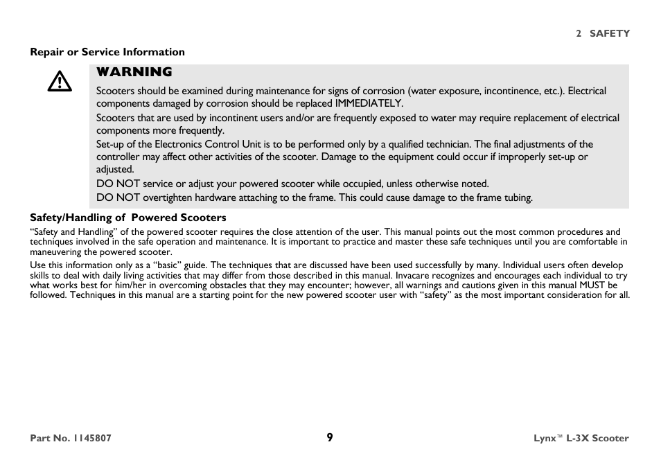 Repair or service information, Warning, Safety/handling of powered scooters | Invacare Lynx L-3X User Manual | Page 9 / 60