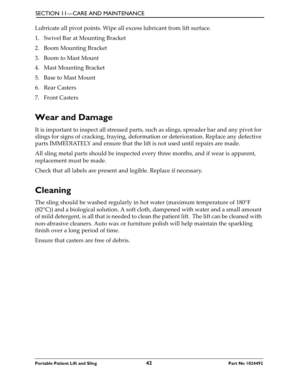 Wear and damage, Cleaning, Wear and damage cleaning | Invacare 9805P User Manual | Page 42 / 44